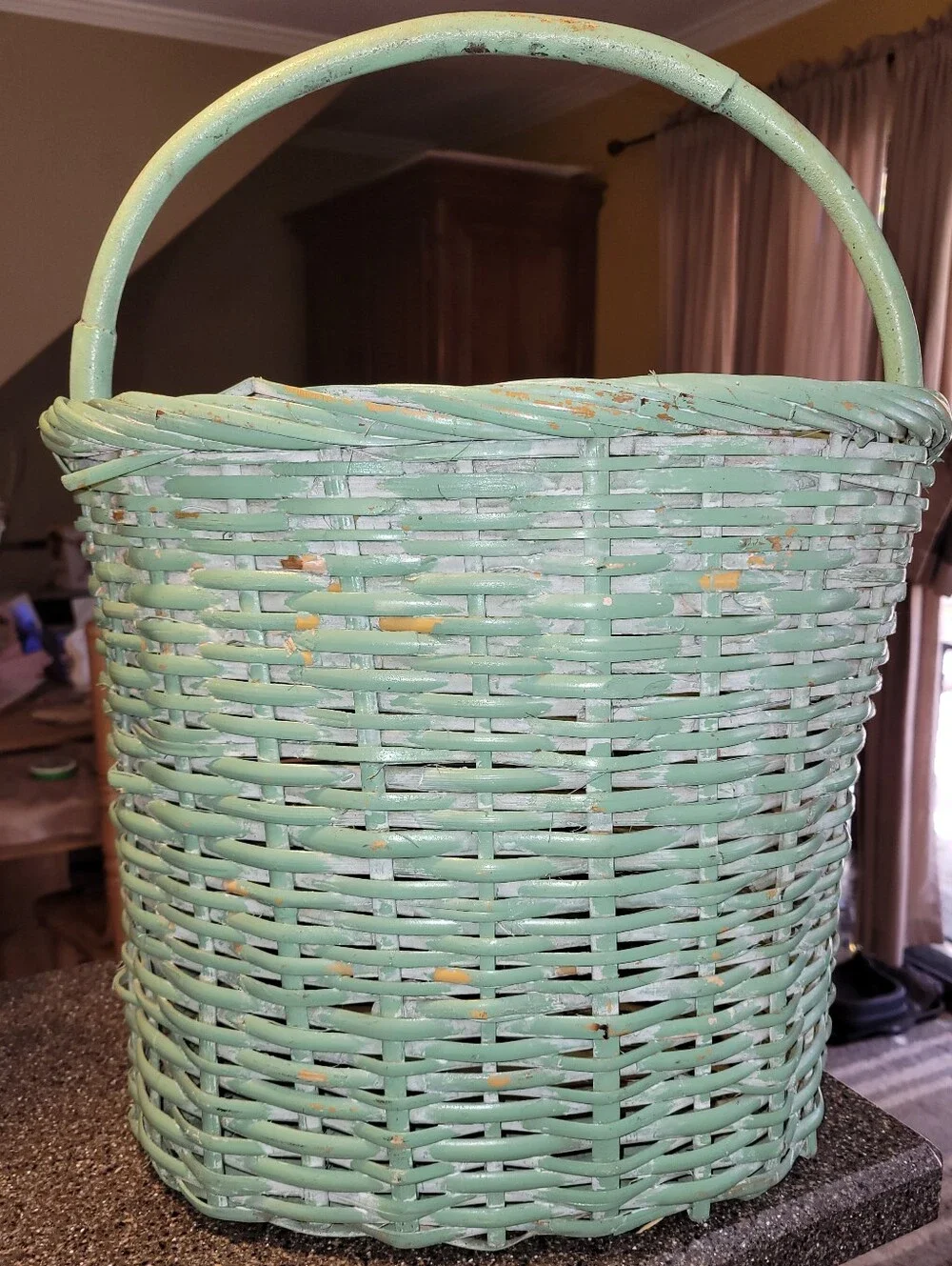 Vintage 90s Painted Wicker Basket Sage Green Farmhouse Cottagecore Decor